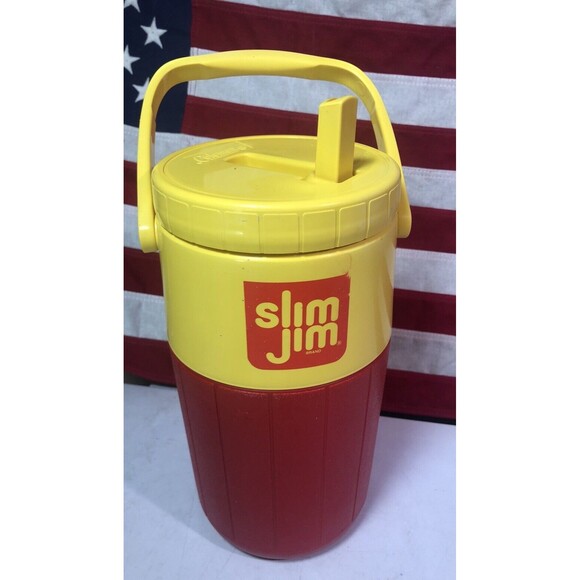 Vintage 10" Coleman Slim Jim Thermos Cooler 5590  Red Yellow -EUC - Picture 1 of 5